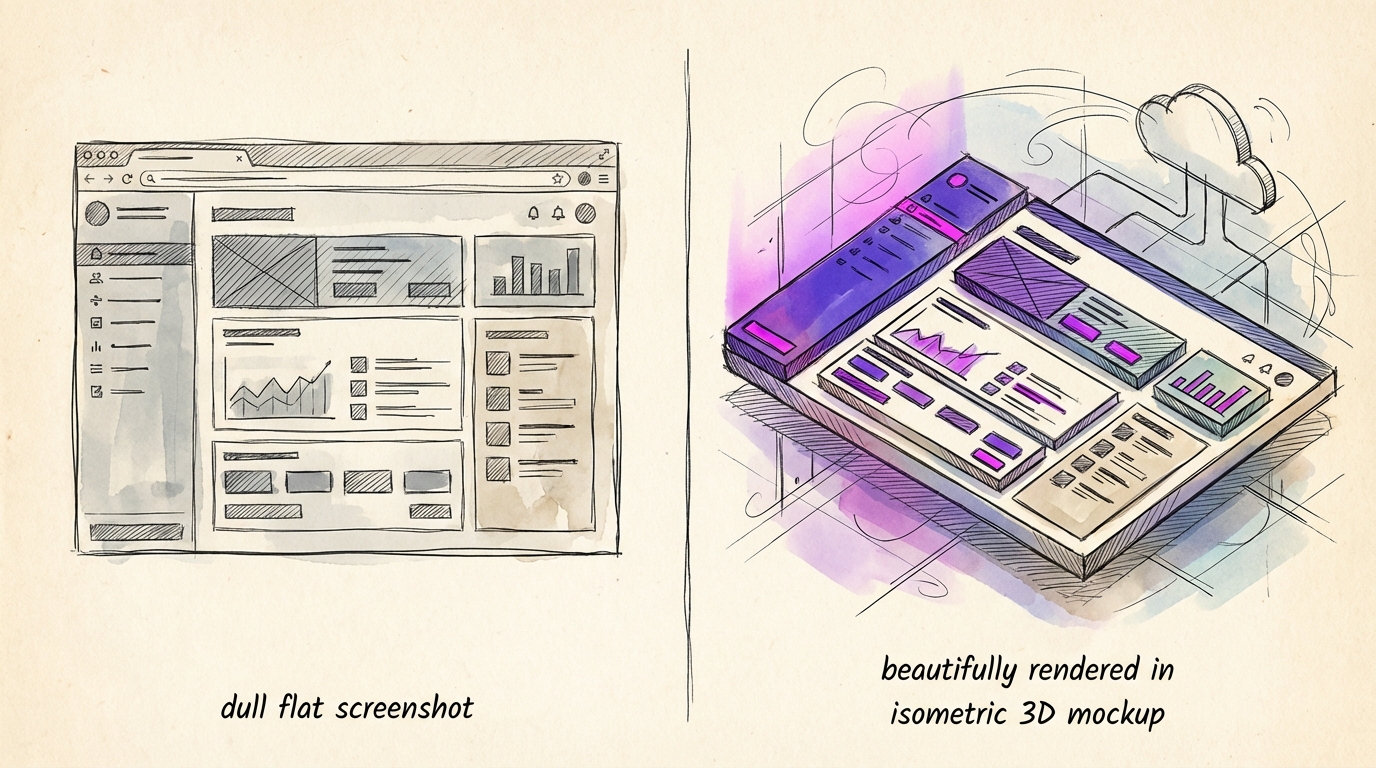 Et skjermbilde blir til noe folk faktisk vil dele når det presenteres gjennom mockup-generatoren. Stilene spenner fra isometrisk 3D til rene nettleserpresentasjoner.