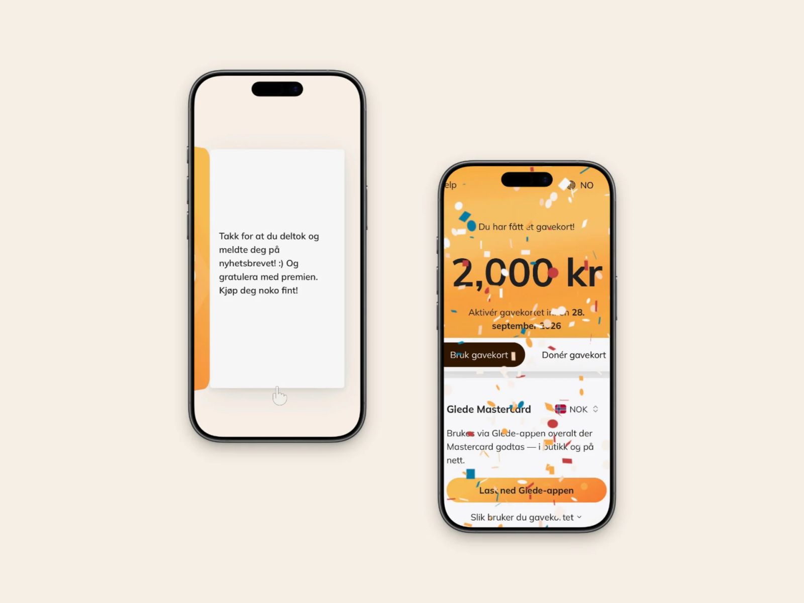 Slik såg det ut på telefonen til Anja då ho fekk premien sin. Modalsnytt leverer gåvekort via Glede-appen. Sjølvsagt direkte integrert i SmartAvis. Gåvekortet kan brukast alle stader der du kan bruka bankkort.