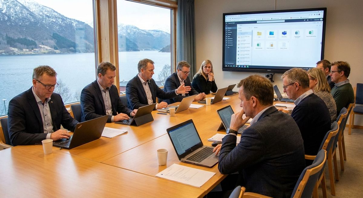 AI-generert illustrasjonsbilde av et mannstungt kommunestyremøte (Nano Banana Pro)